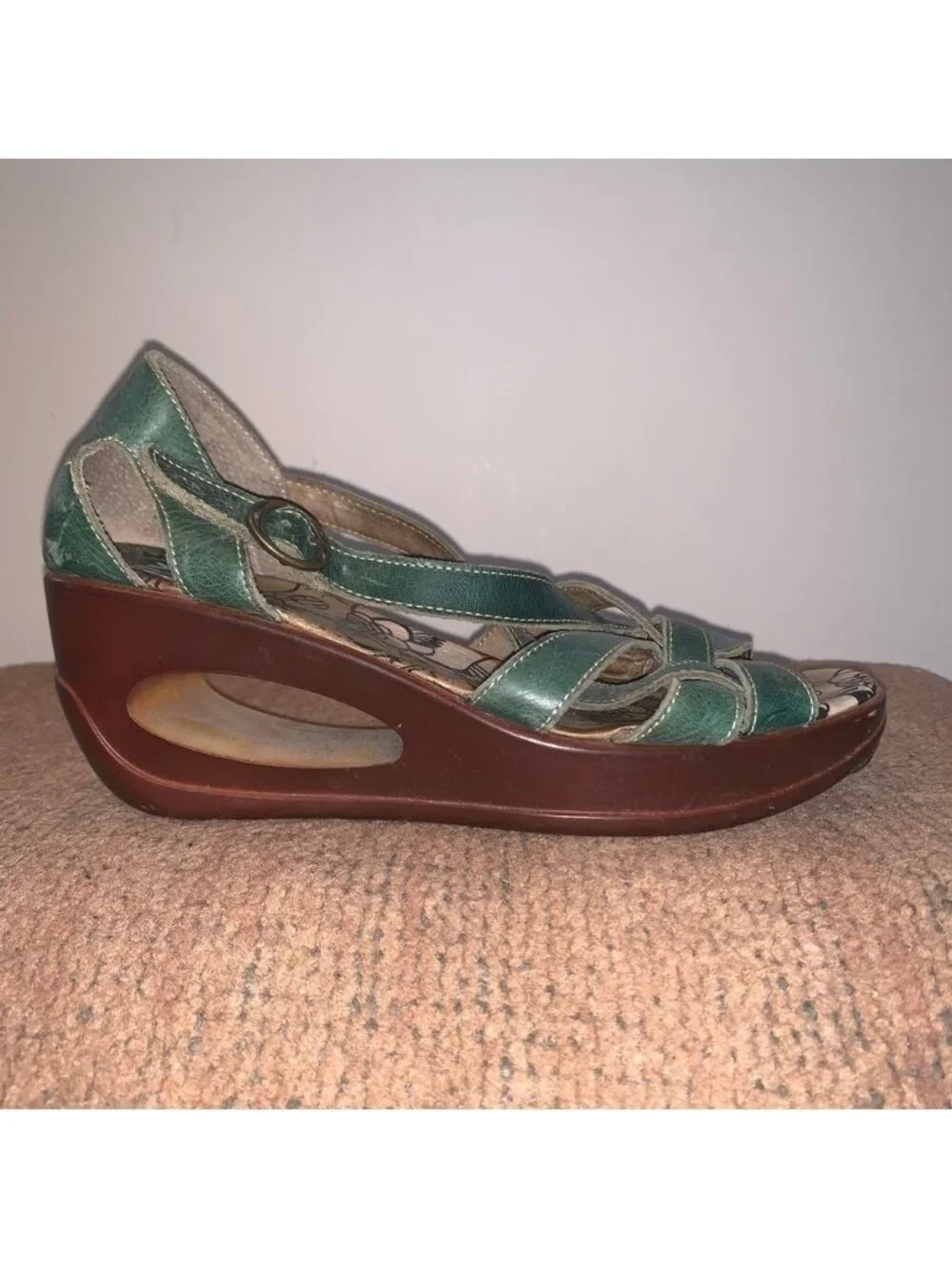 Fly London Teal Leather Wedge Sandals